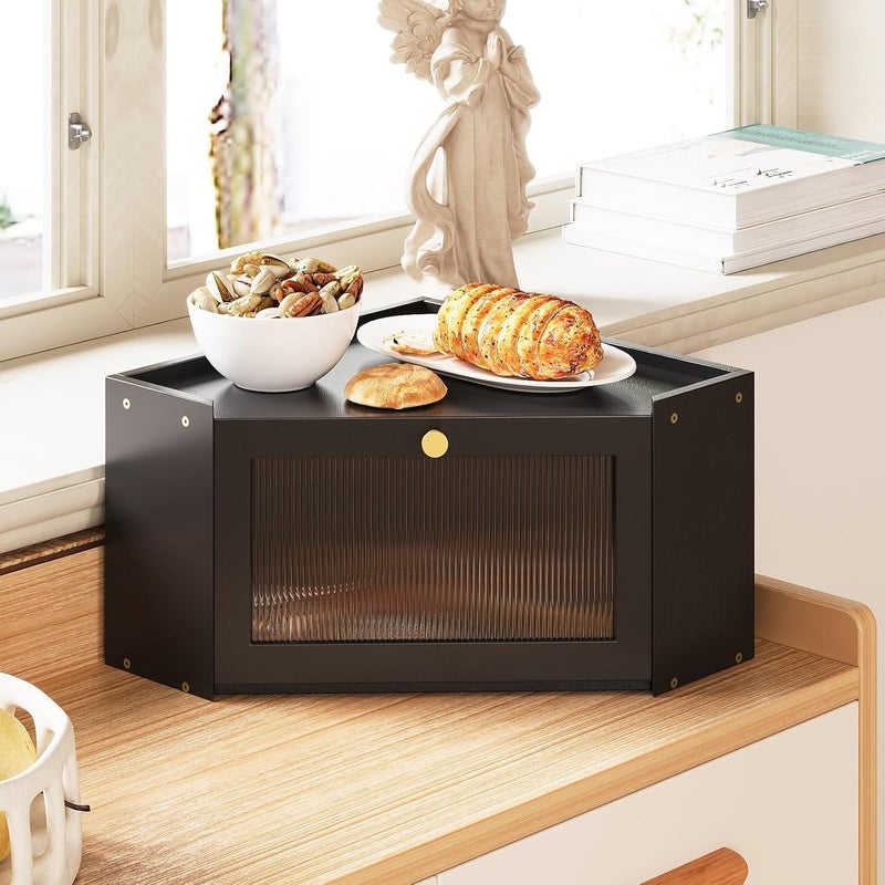 Trironsun Corner Bamboo Bread Box for Kitchen Counter Large Capacity Rustic Bread Storage Container with Wavy Arcylic Transparent Door Vintage Storage for Homemade Bread (Black) - Image 3